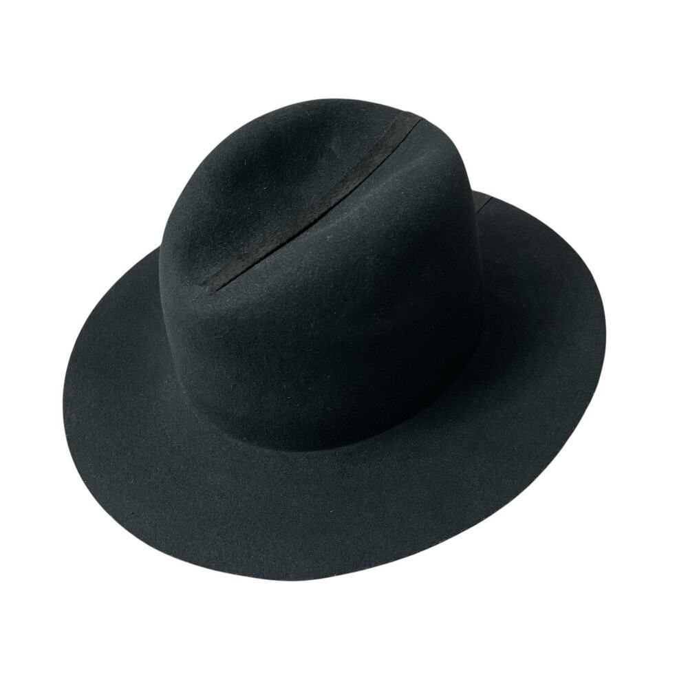 Janessa Leone Wool Fedora Hat Womens Medium Black Wide Brim Ribbon Stripe *
